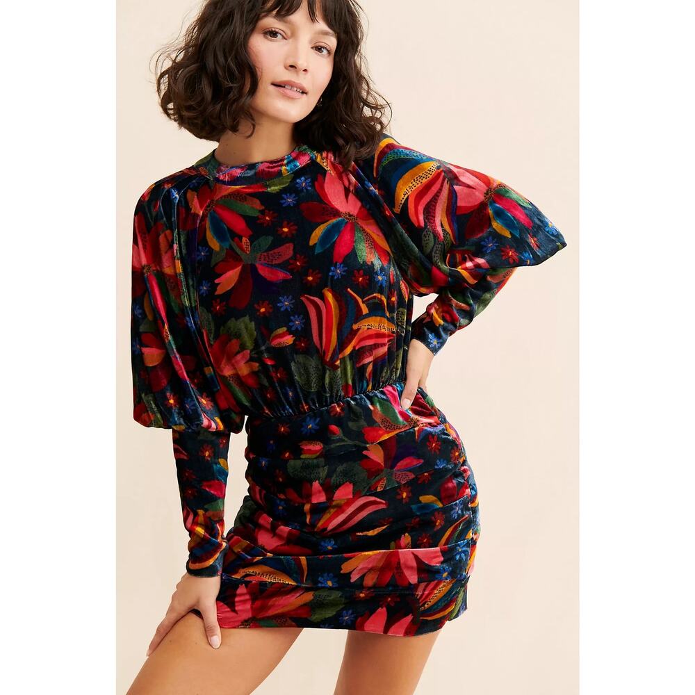FARM Rio Banana Sky Velvet Ruched Mini Dress Black Medium